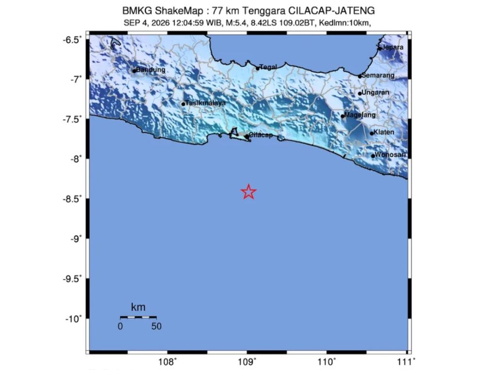 Gempa M5,4 Guncang Selatan Jawa, Pusat Gempa 77 Km Tenggara Cilacap